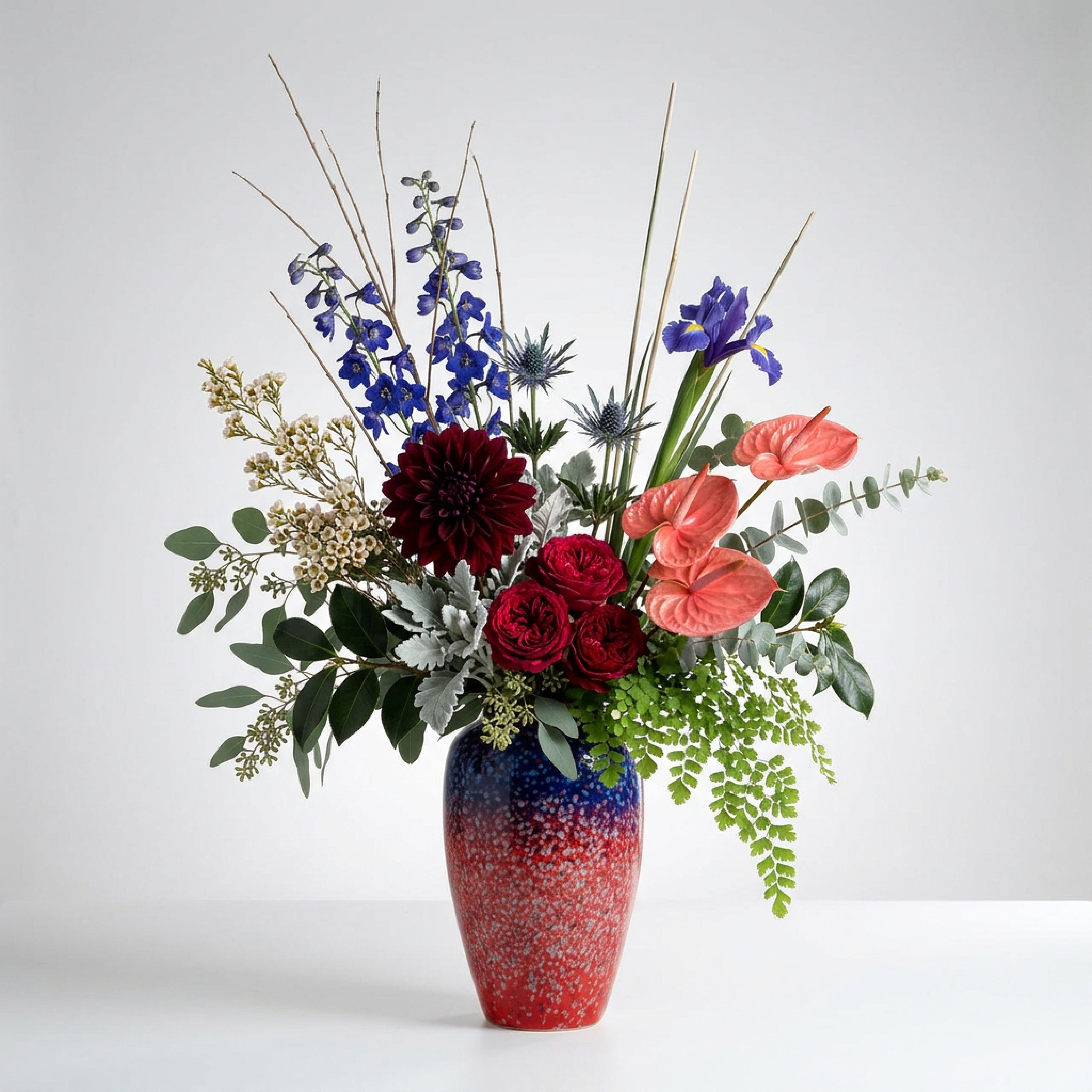 Celestial Nebula Hand-Glazed Ceramic Vase – Crimson & Cobalt Flambé