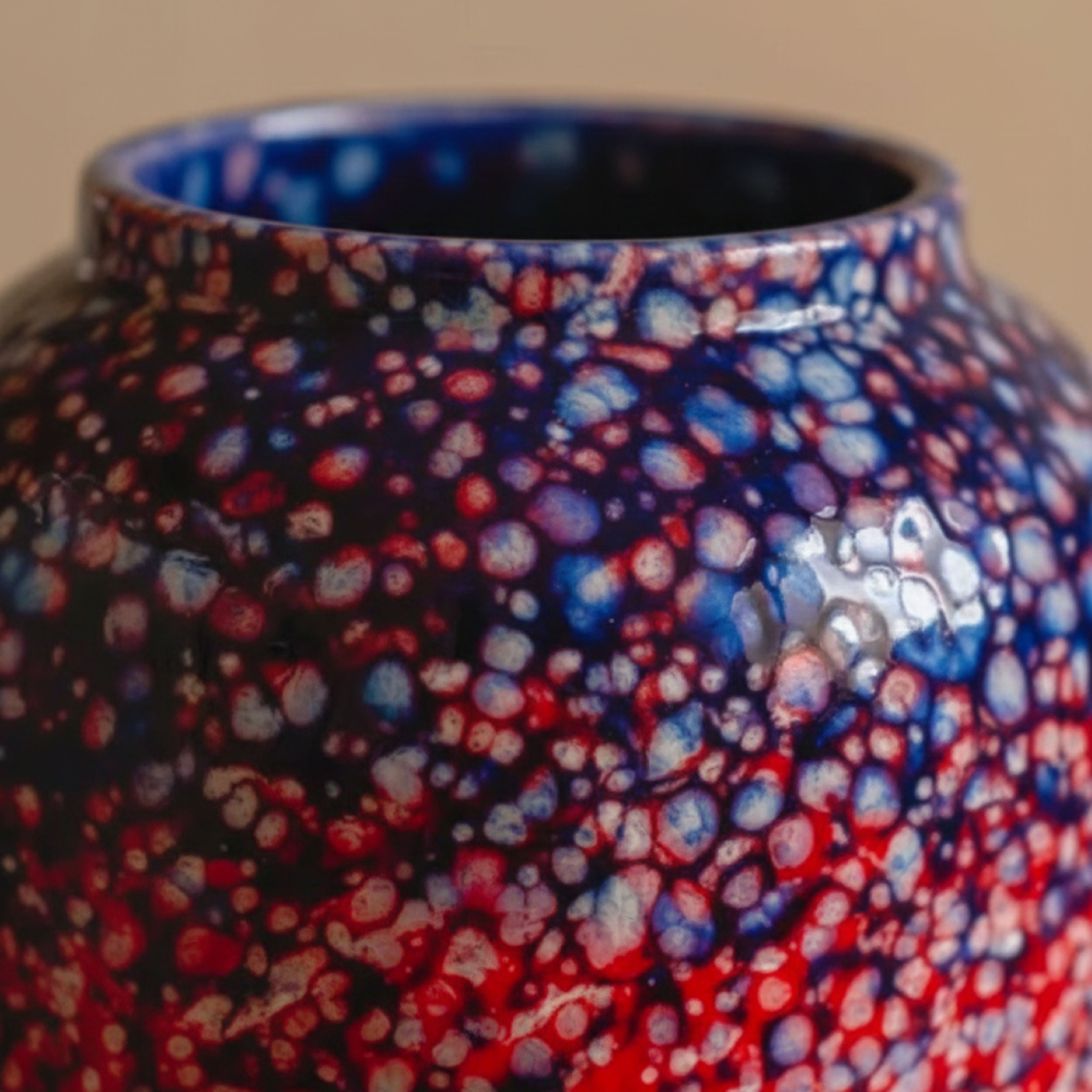 Celestial Nebula Hand-Glazed Ceramic Vase – Crimson & Cobalt Flambé
