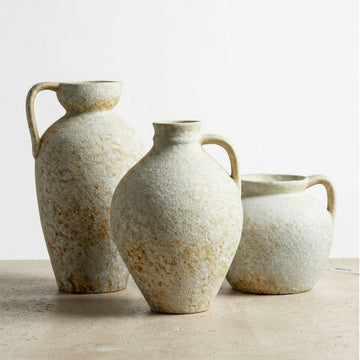 Handcrafted Wabi-Sabi Ceramic Jug Vase – Stone-Textured Single Handle Vessel in Earthy Oatmeal