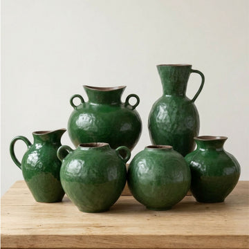 Rustic Emerald Green Ceramic Urn Vase – Vintage-Inspired Twin-Handle Pottery