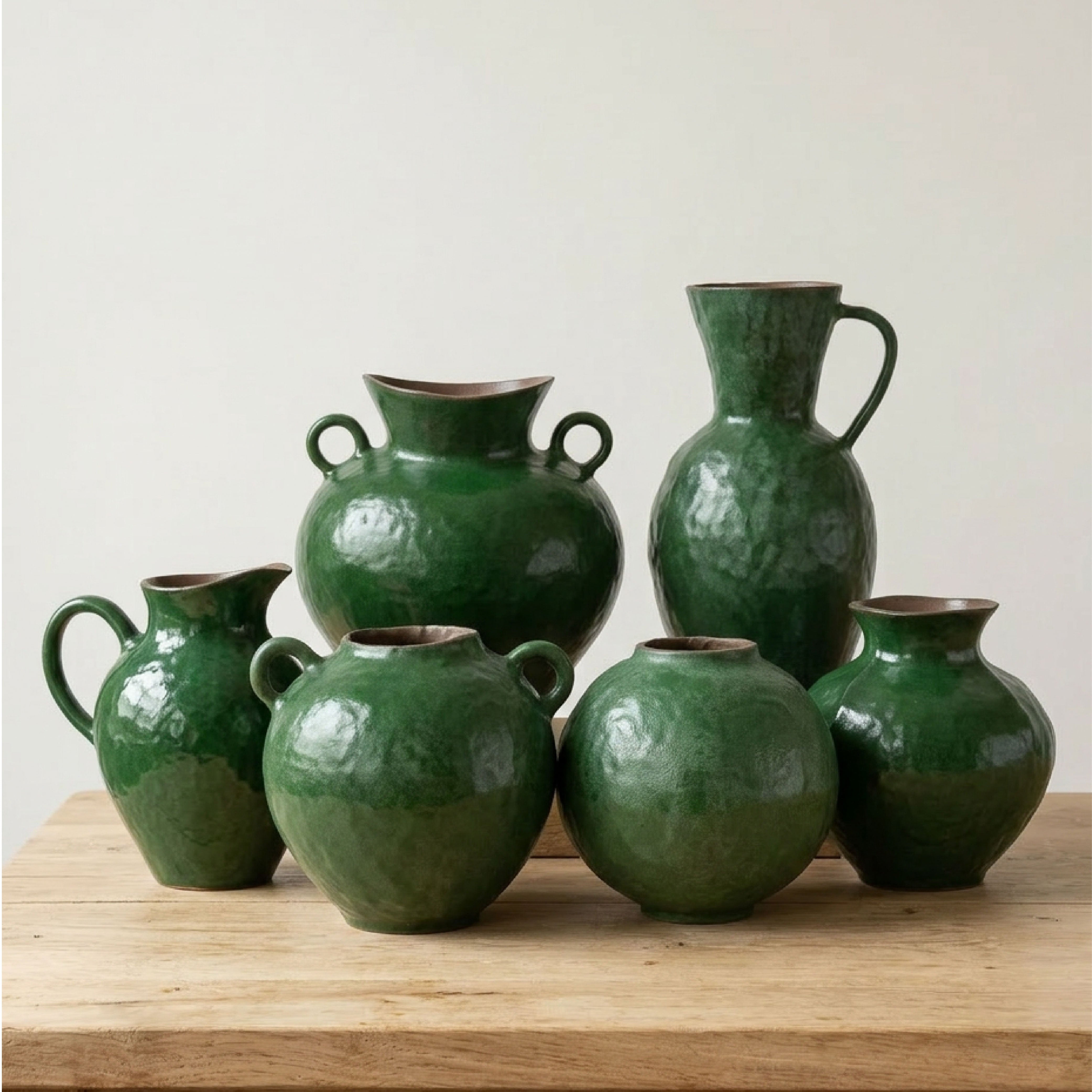 Rustic Emerald Green Ceramic Urn Vase – Vintage-Inspired Twin-Handle Pottery