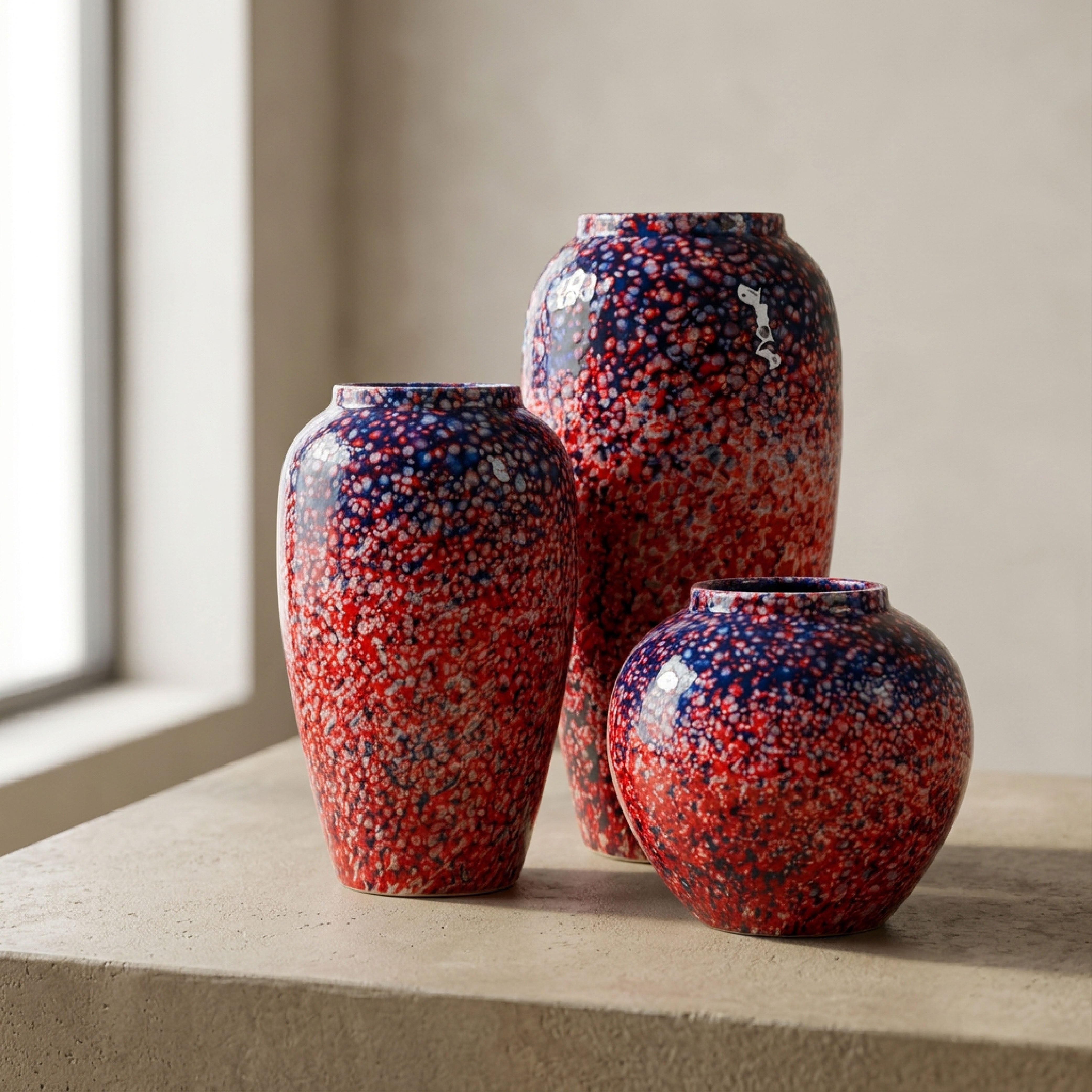 Celestial Nebula Hand-Glazed Ceramic Vase – Crimson & Cobalt Flambé