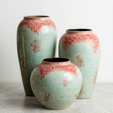 Handcrafted "Coral Reef" Textured Ceramic Vase – Frosted Mint Green & Rust Pink Pottery