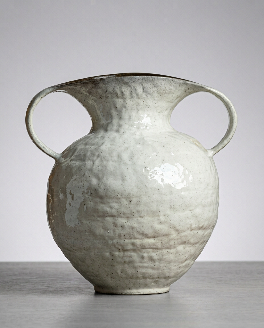 Artisanal Speckled Cream Amphora Vase – Rustic Two-Handled Vessel with Scalloped Rim