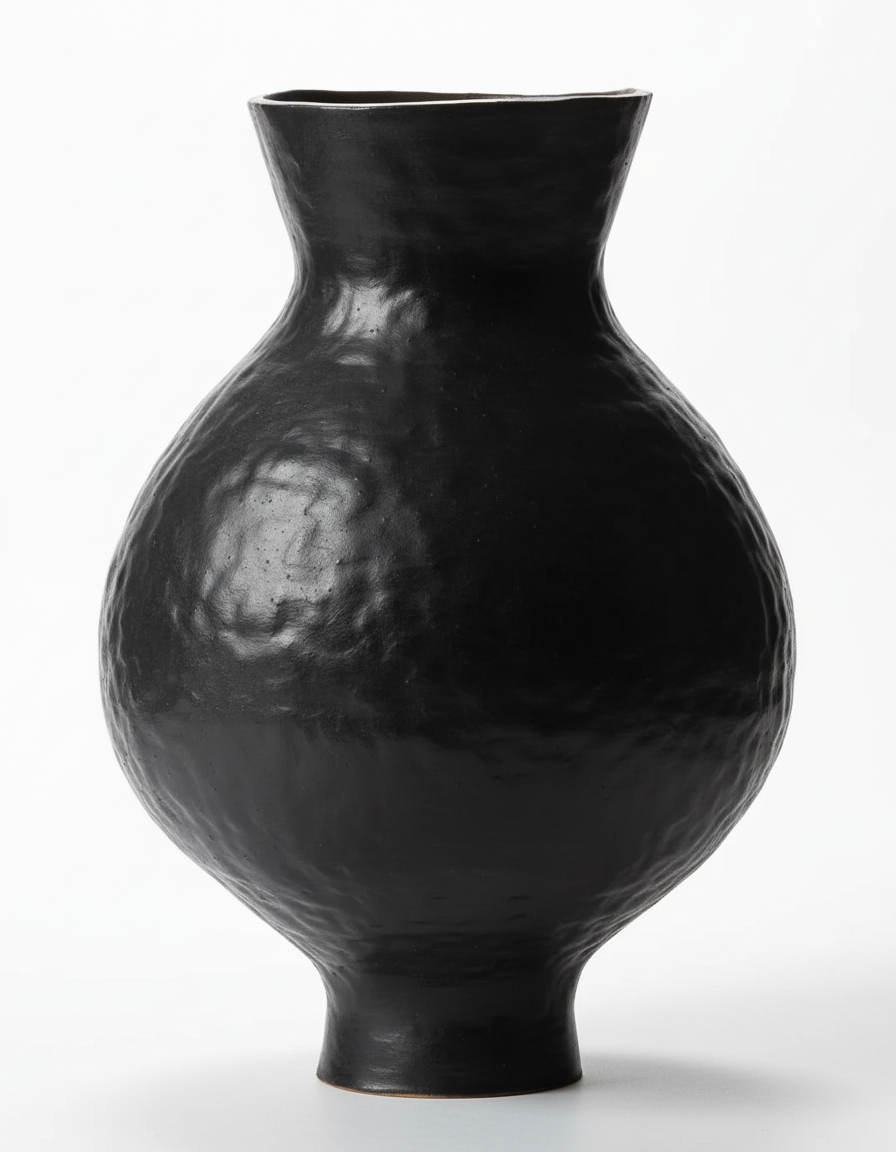 Hand-Beaten Obsidian Ceramic Vessel – Sculptural Hammered Texture Vase in Midnight Black