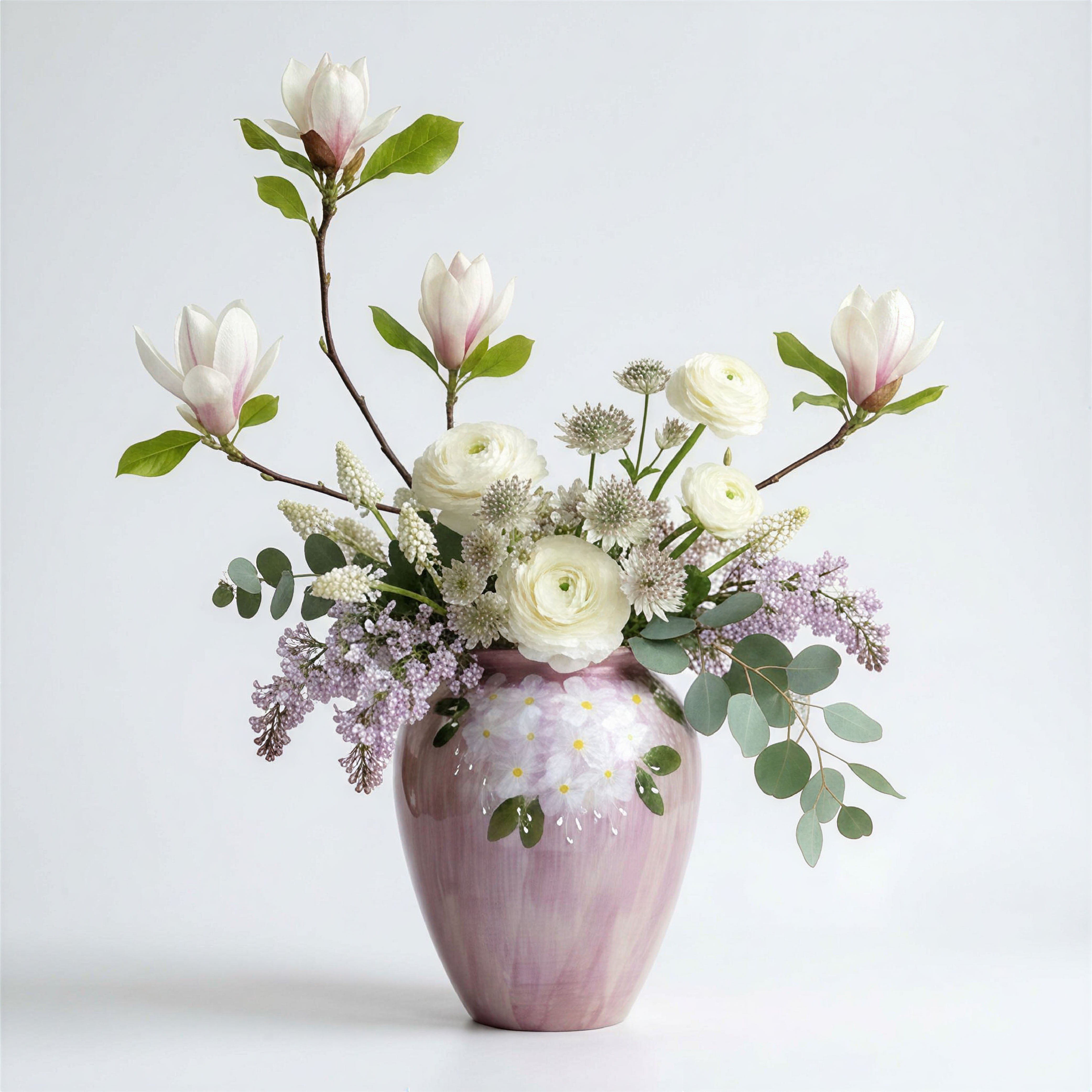 Hand-Painted "Spring Blossom" Ceramic Vase – Pastel Lavender & White Floral Jar