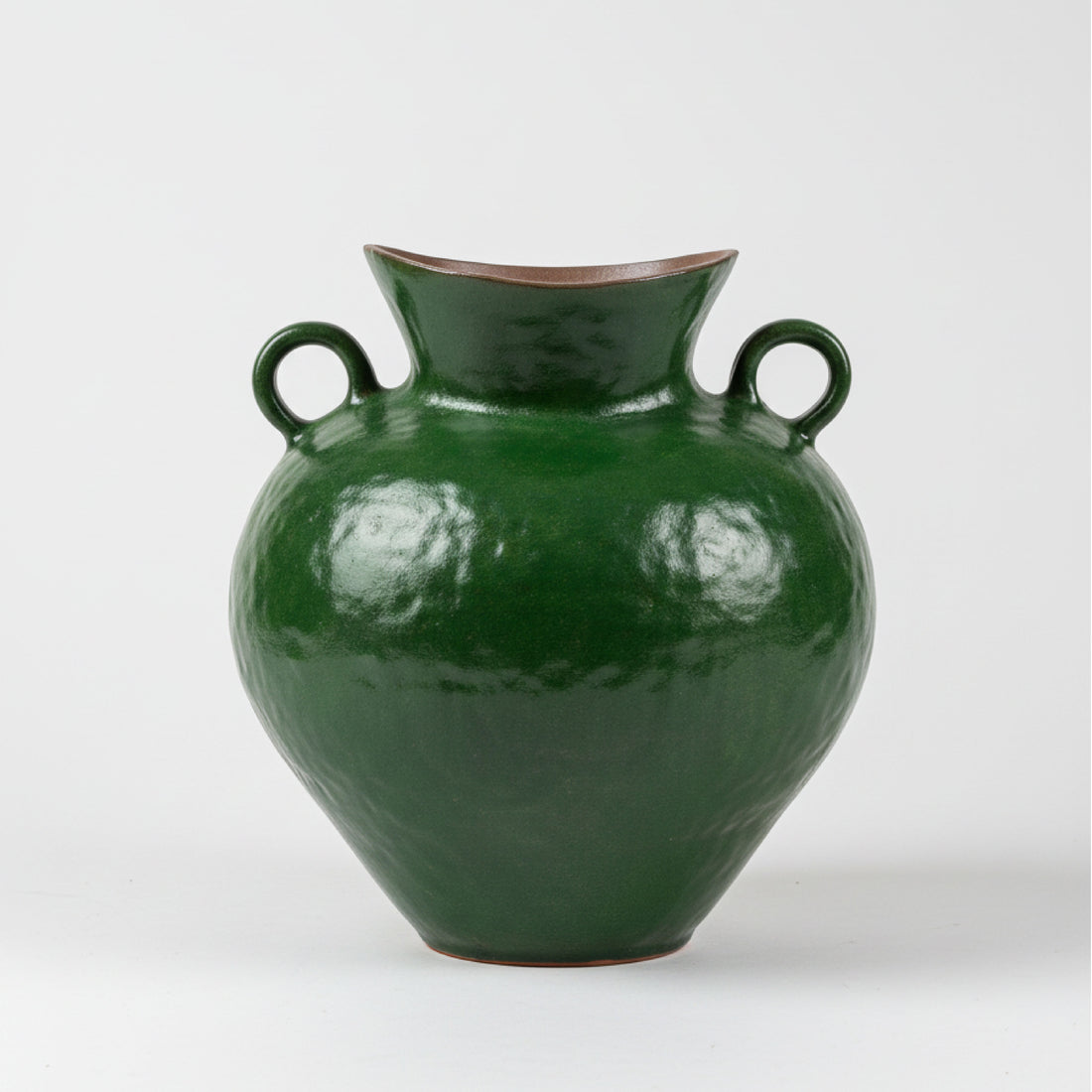 Rustic Emerald Green Ceramic Urn Vase – Vintage-Inspired Twin-Handle Pottery