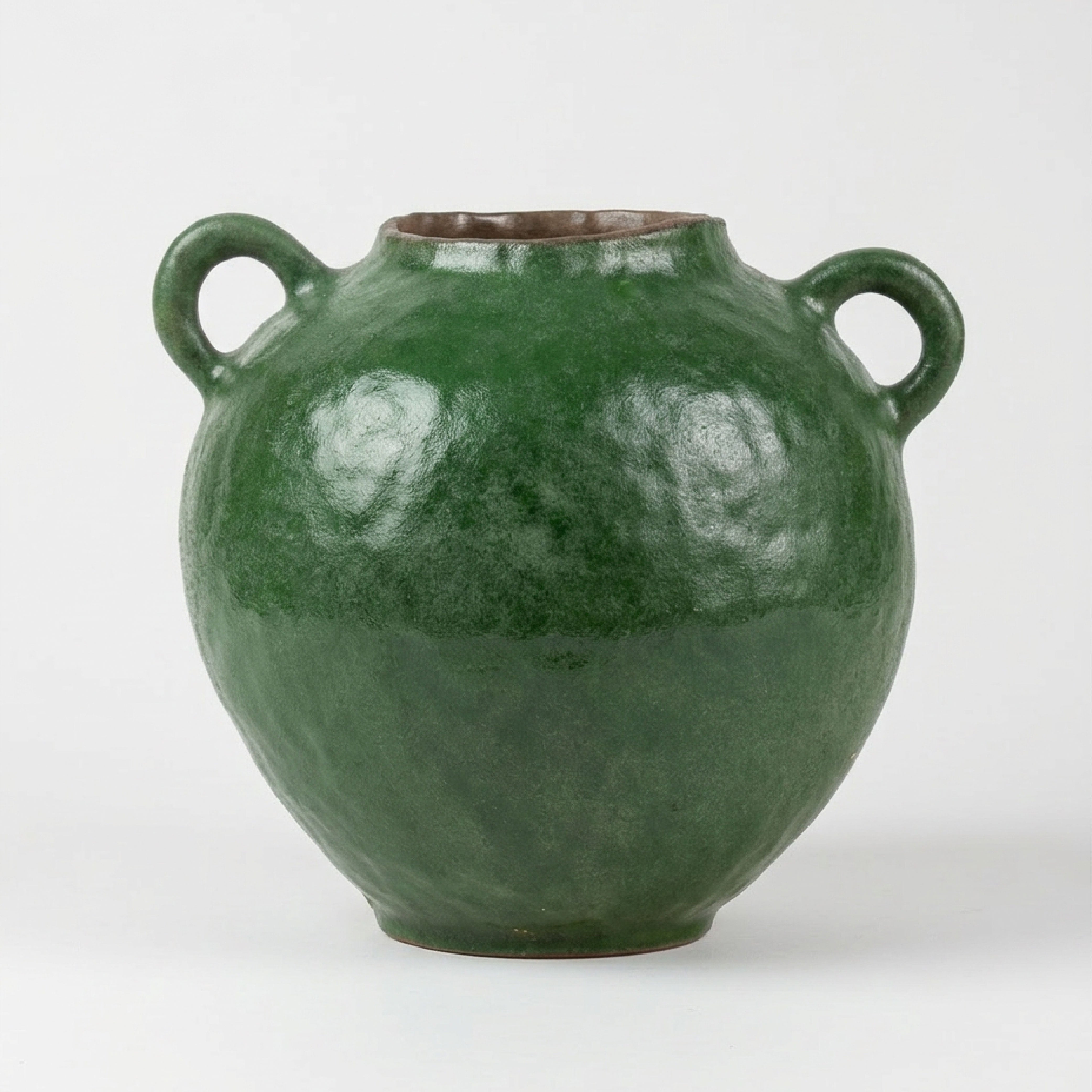 Rustic Emerald Green Ceramic Urn Vase – Vintage-Inspired Twin-Handle Pottery