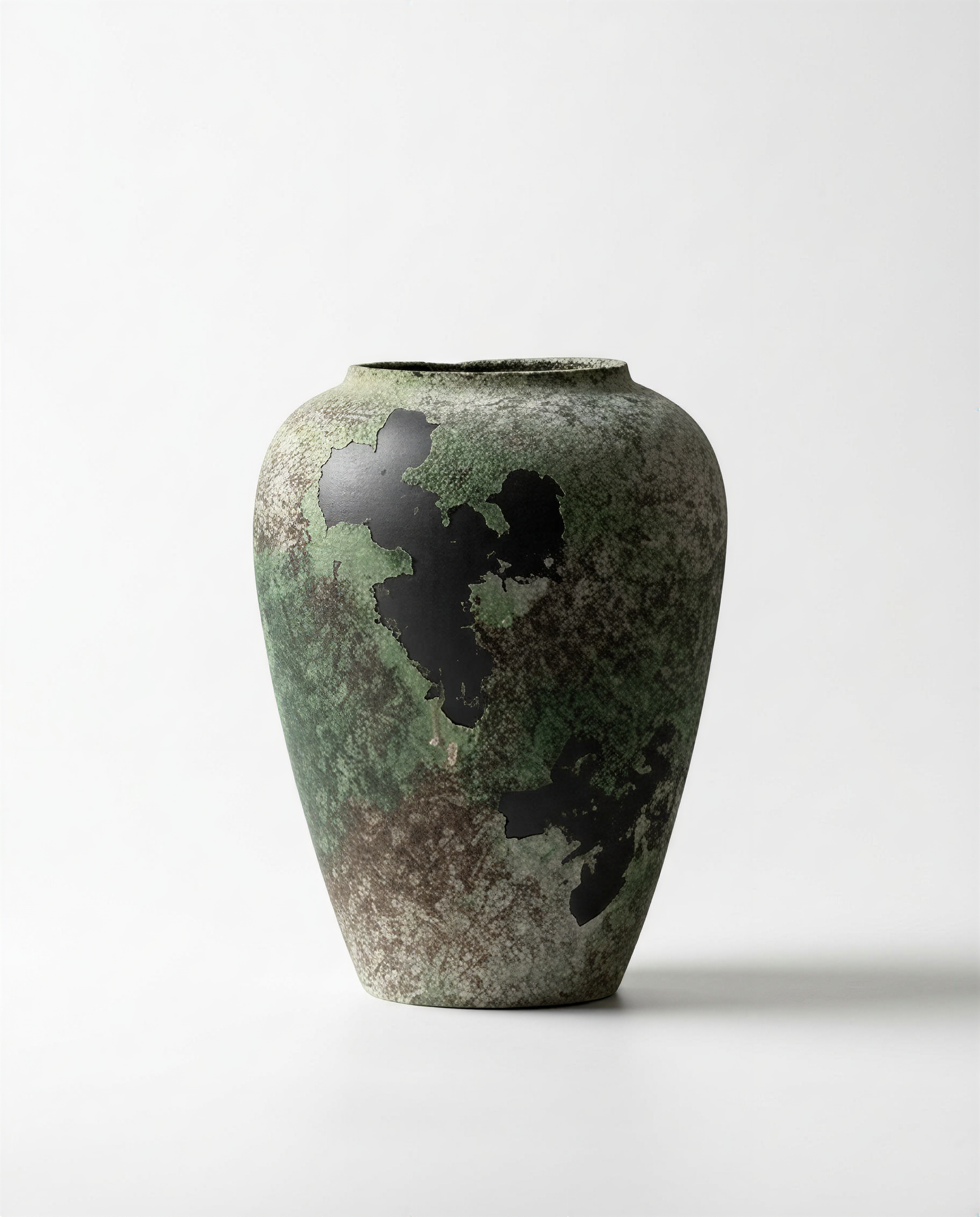 Volcanic Rock Inspired Stoneware Jar with Patina Green Glaze - Rustic Earthy Vase