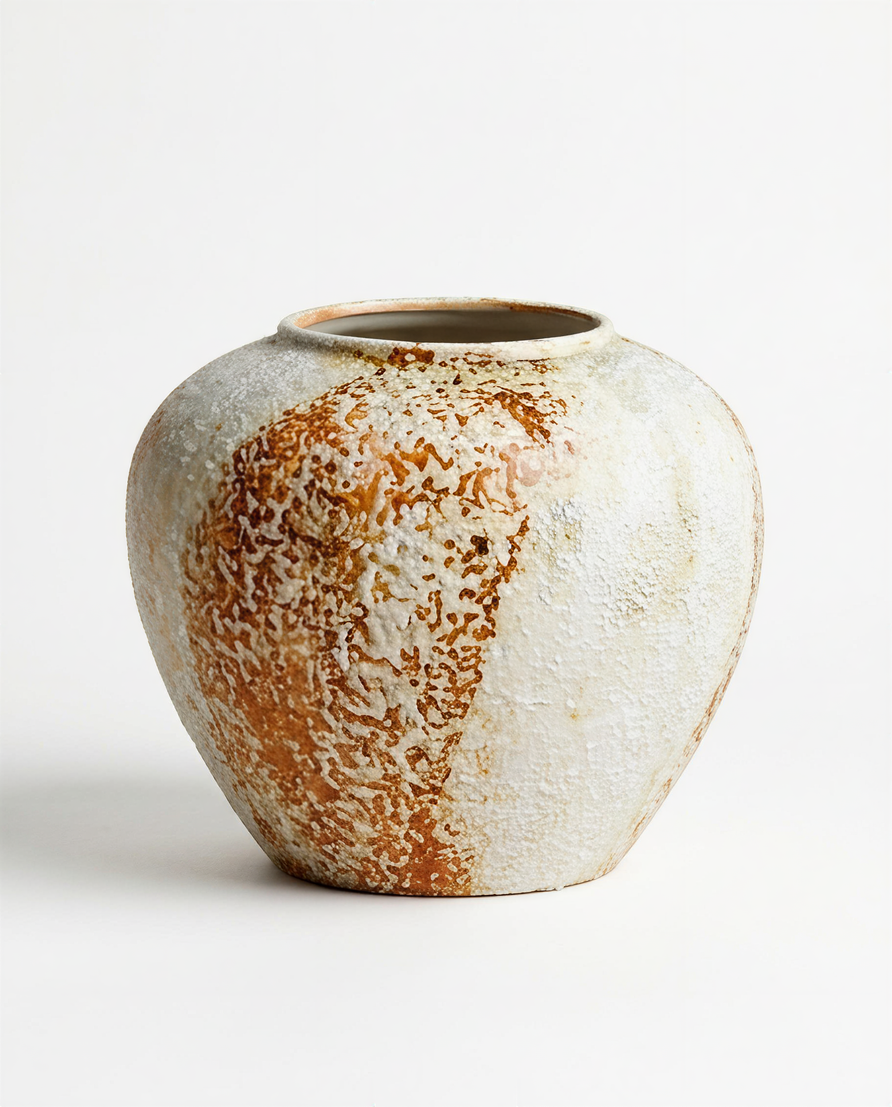 Artisanal Drip Glaze Moon Jar - Textured White & Terracotta Ceramic Vase