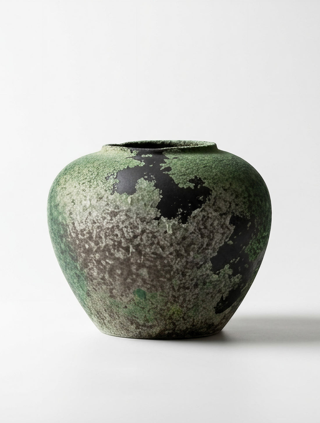Volcanic Rock Inspired Stoneware Jar with Patina Green Glaze - Rustic Earthy Vase