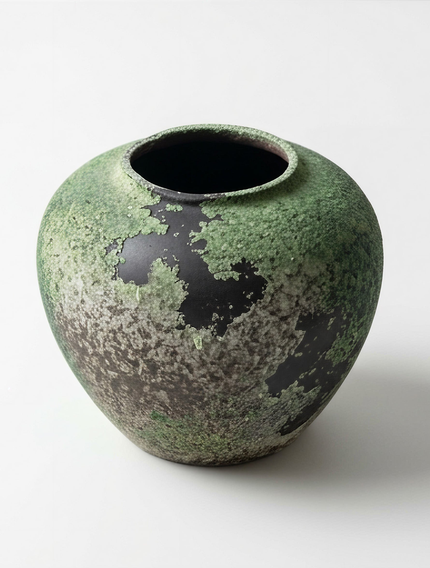 Volcanic Rock Inspired Stoneware Jar with Patina Green Glaze - Rustic Earthy Vase
