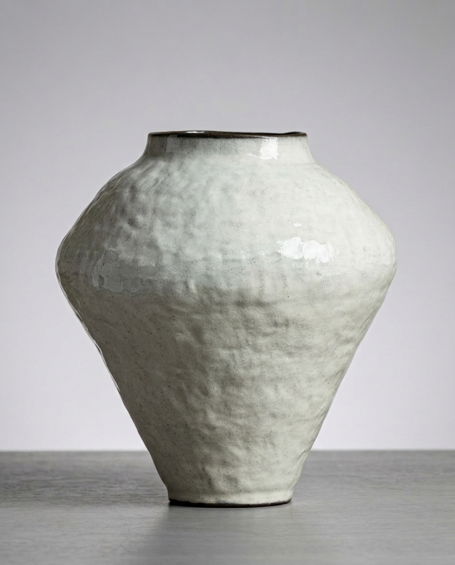 Artisanal Speckled Cream Amphora Vase – Rustic Two-Handled Vessel with Scalloped Rim