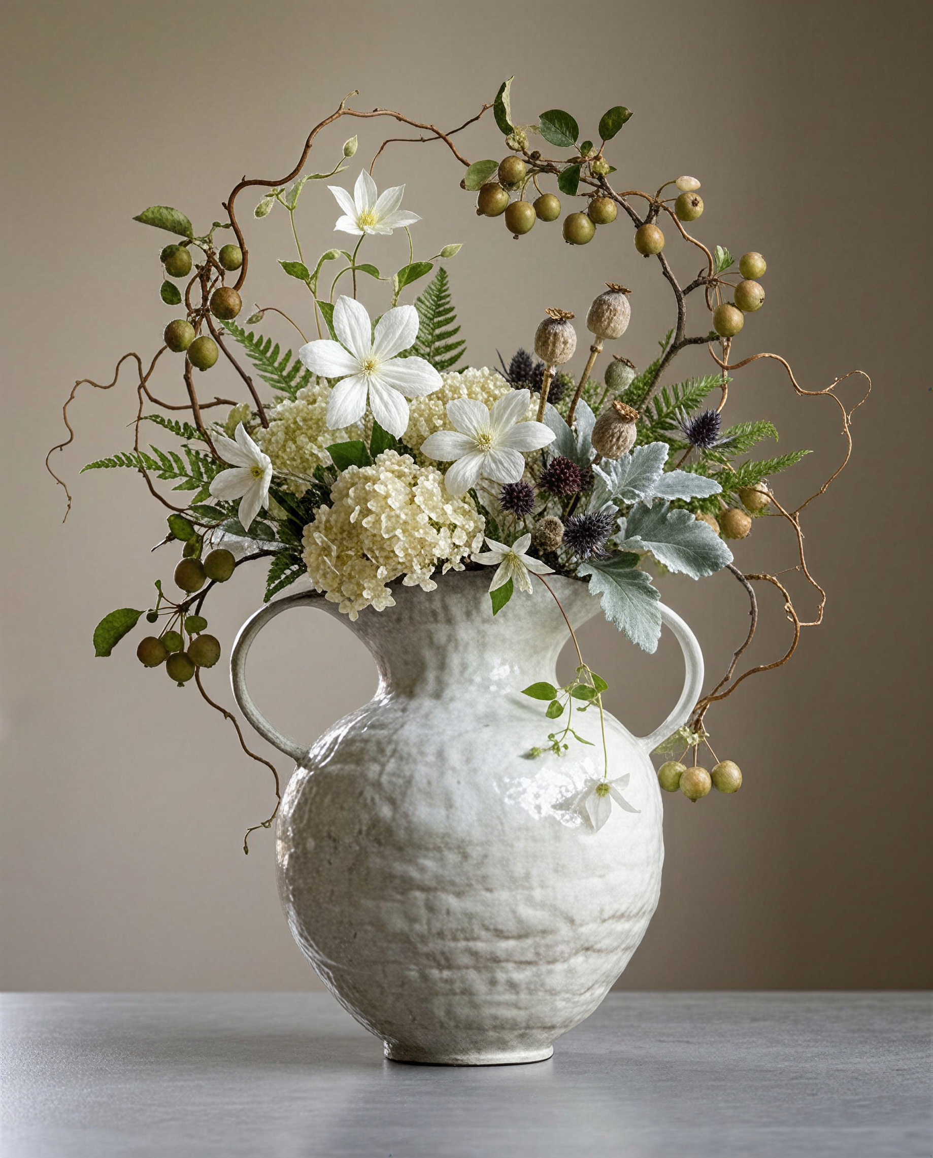 Artisanal Speckled Cream Amphora Vase – Rustic Two-Handled Vessel with Scalloped Rim