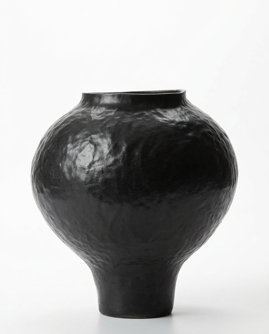 Hand-Beaten Obsidian Ceramic Vessel – Sculptural Hammered Texture Vase in Midnight Black