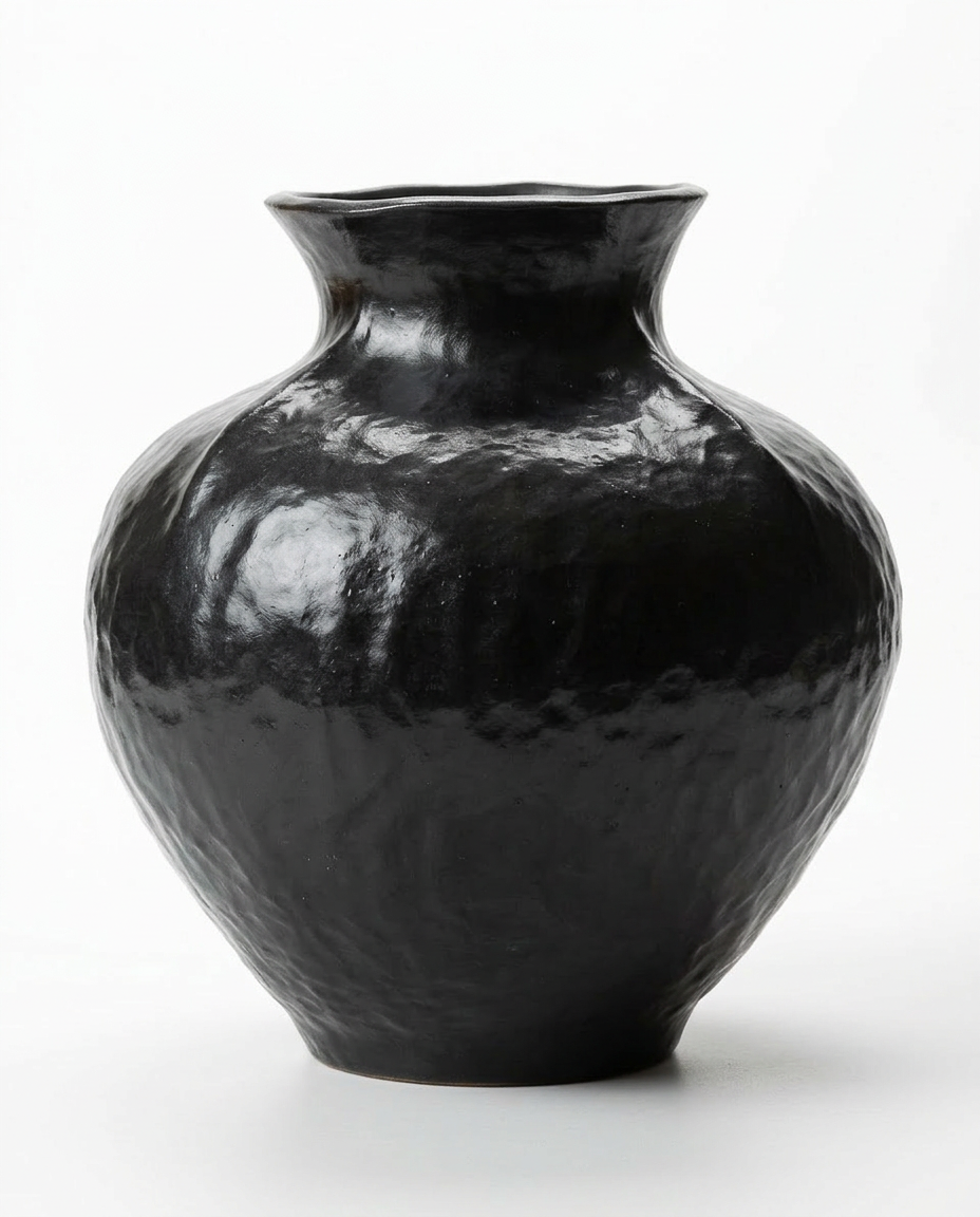Hand-Beaten Obsidian Ceramic Vessel – Sculptural Hammered Texture Vase in Midnight Black
