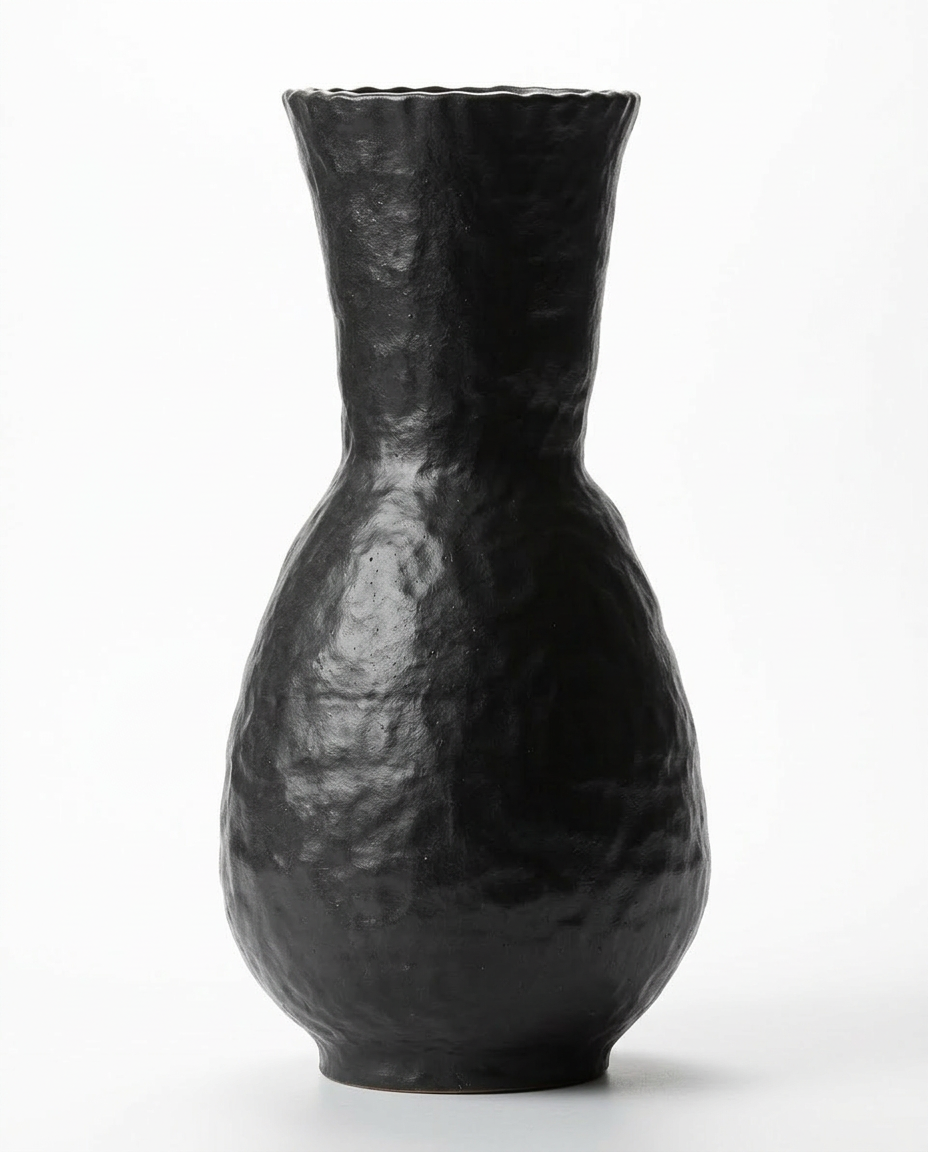 Hand-Beaten Obsidian Ceramic Vessel – Sculptural Hammered Texture Vase in Midnight Black