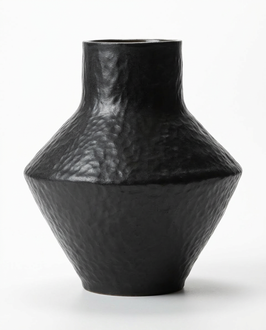 Hand-Beaten Obsidian Ceramic Vessel – Sculptural Hammered Texture Vase in Midnight Black
