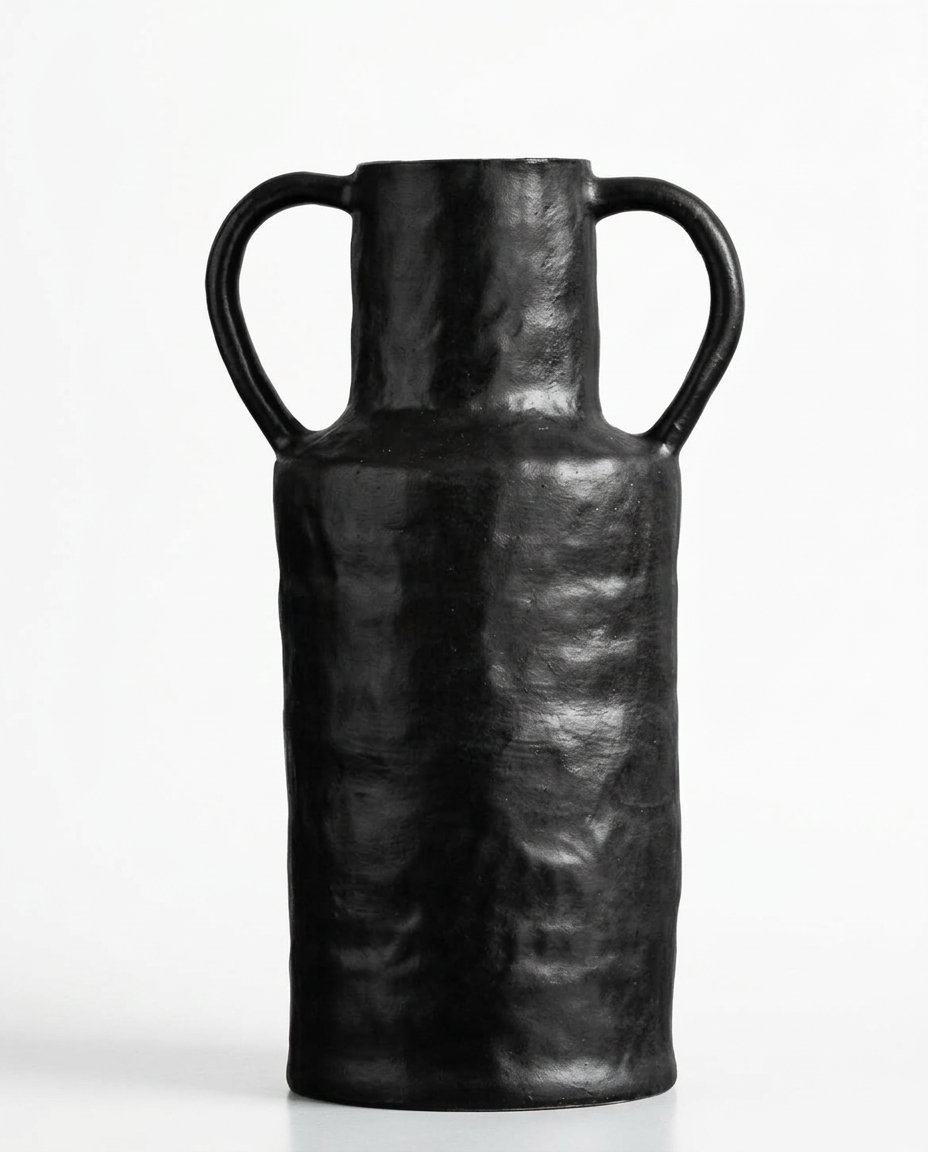 Hand-Beaten Obsidian Ceramic Vessel – Sculptural Hammered Texture Vase in Midnight Black