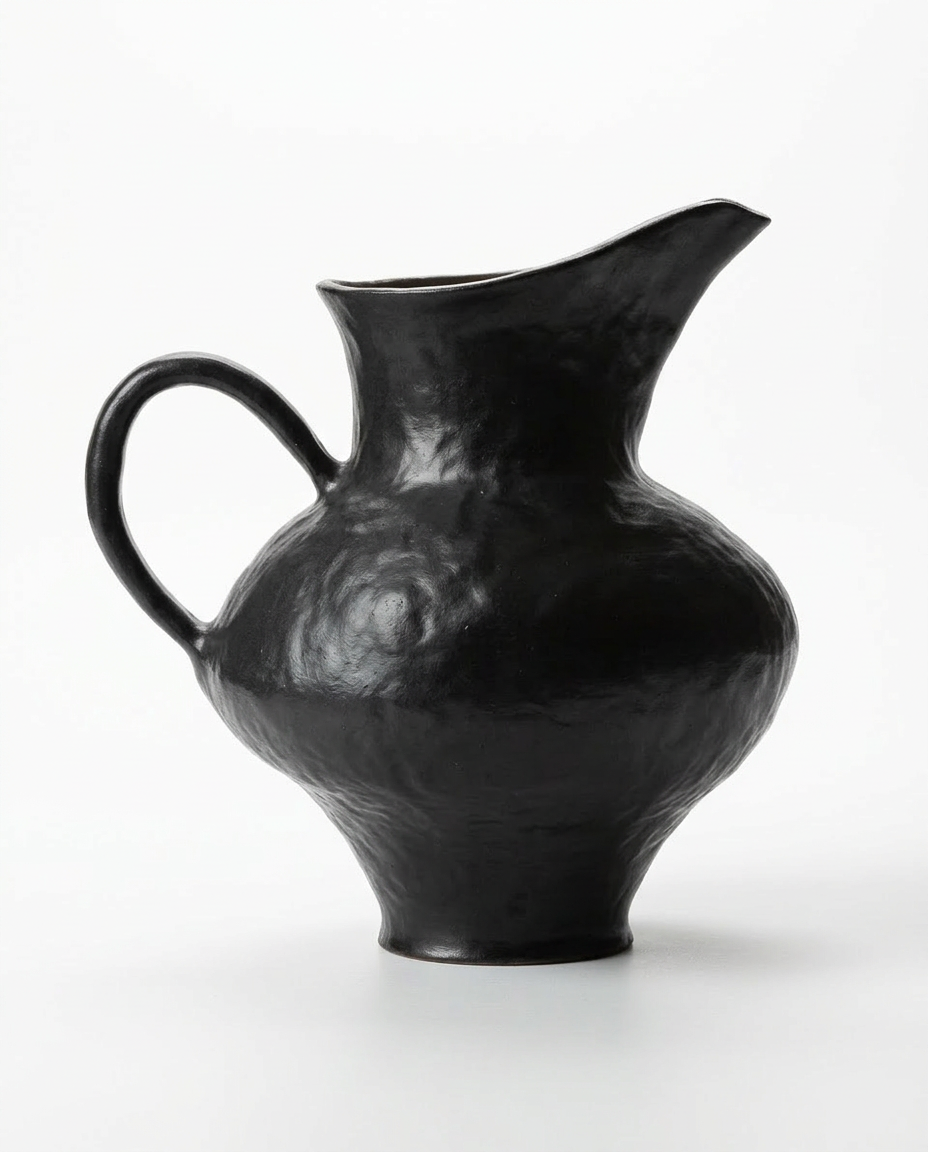Hand-Beaten Obsidian Ceramic Vessel – Sculptural Hammered Texture Vase in Midnight Black